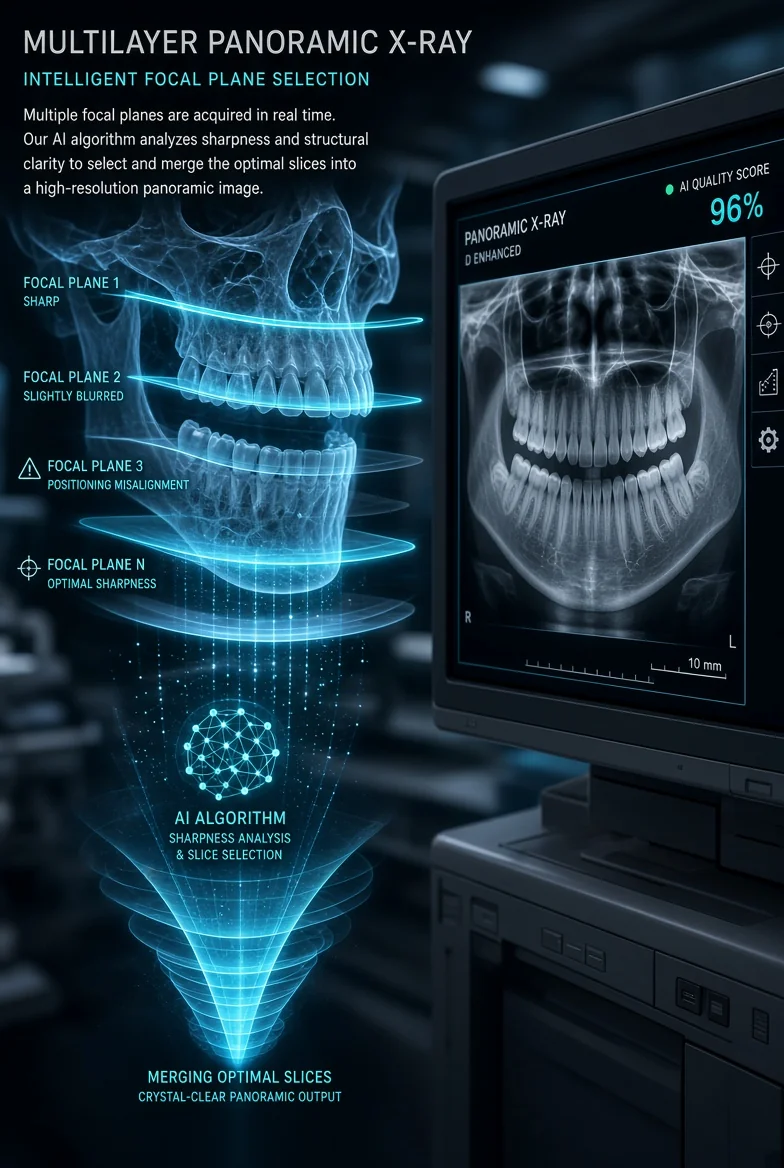 La technologie panoramique multicouche (S-Pan, Insight 2.0, Tomosharp) : Comment les reconstructions 2D automatiques compensent les légers défauts de positionnement du patient
